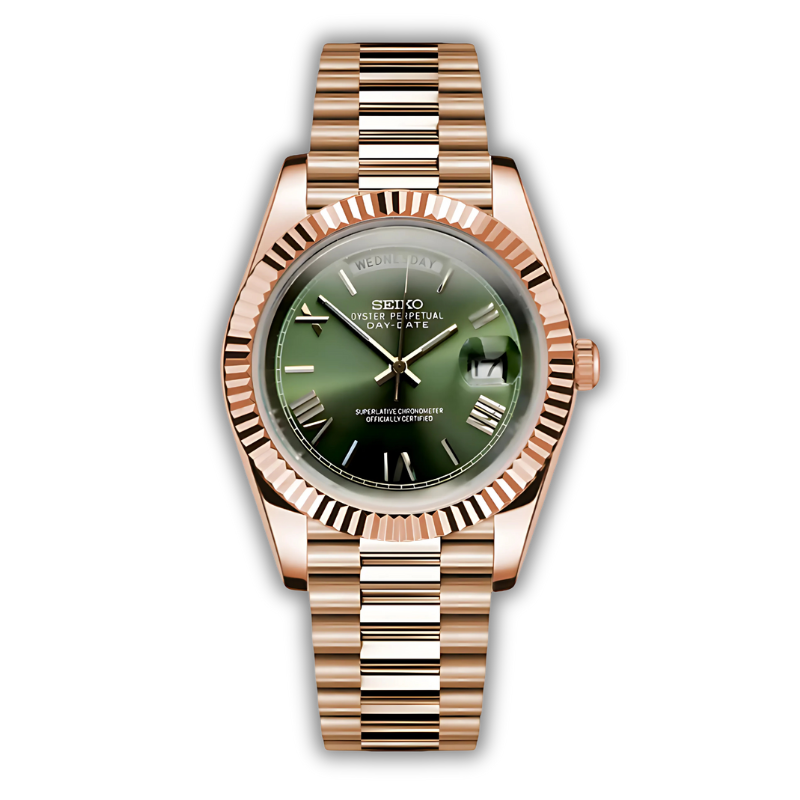 Seiko Day-Date Verte & Or Rose - Roman Dial